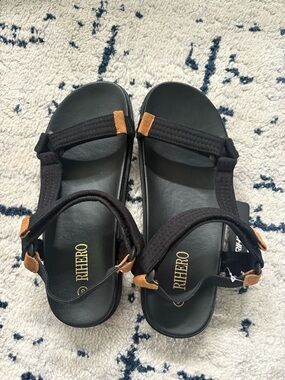 Women's Black Strappy Sandals with Tan Accents